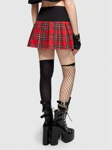 ROMWE Grunge Punk 朋克風格紅色格紋拼接金屬裝飾情人節迷你裙 - 紅色 - 查看 5