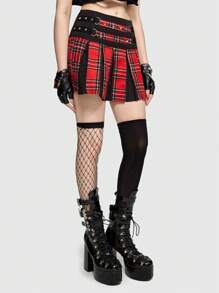 ROMWE Grunge Punk 朋克風格紅色格紋拼接金屬裝飾情人節迷你裙 - 紅色 - 查看 6