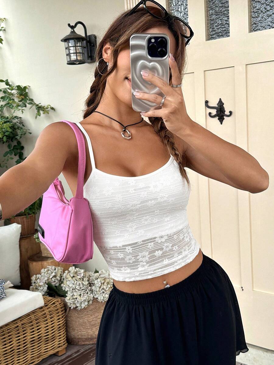 SHEIN EZwear Áo khoác và áo lót dành cho xe tăng nữ Tương phản ren màu trơn Giải trí - trắng - Xem 1