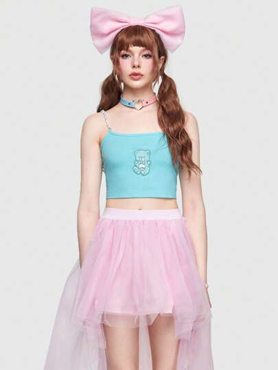 Kawaii لباس علوي كامي قصير مطرز بدب رسوم كارتون