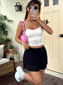 SHEIN EZwear Áo khoác và áo lót dành cho xe tăng nữ Tương phản ren màu trơn Giải trí - trắng - Xem 4