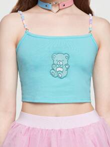 ROMWE Kawaii Cartoon Bear Embroidery Crop Cami - Mint Blue - View 2