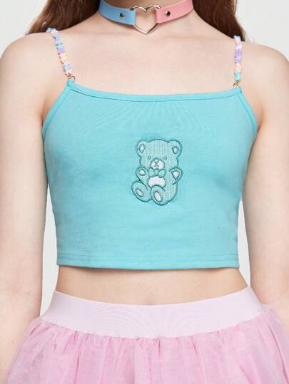 Kawaii Top à fines brides court à broderie
