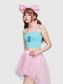 ROMWE Kawaii Cartoon Bear Embroidery Crop Cami - Mint Blue - View 3