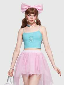 ROMWE Kawaii Cartoon Bear Embroidery Crop Cami - Mint Blue - View 5