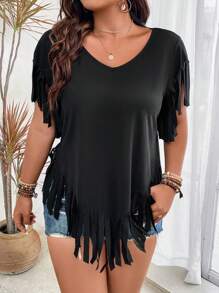 SHEIN LUNE 大碼流蘇邊不對稱下擺T恤 - 黑色 - 查看 1