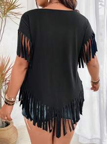 SHEIN LUNE 大碼流蘇邊不對稱下擺T恤 - 黑色 - 查看 2