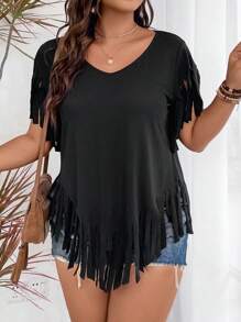 SHEIN LUNE 大碼流蘇邊不對稱下擺T恤 - 黑色 - 查看 4