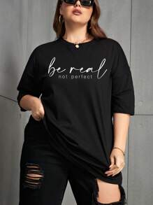 INAWLY Plus Slogan Graphic Drop Shoulder Tee, Be Real Not Perfect Graphic Tee, Women Summer Top - Black - View 1