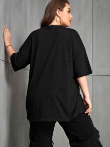 INAWLY Plus Slogan Graphic Drop Shoulder Tee, Be Real Not Perfect Graphic Tee, Women Summer Top - Black - View 2