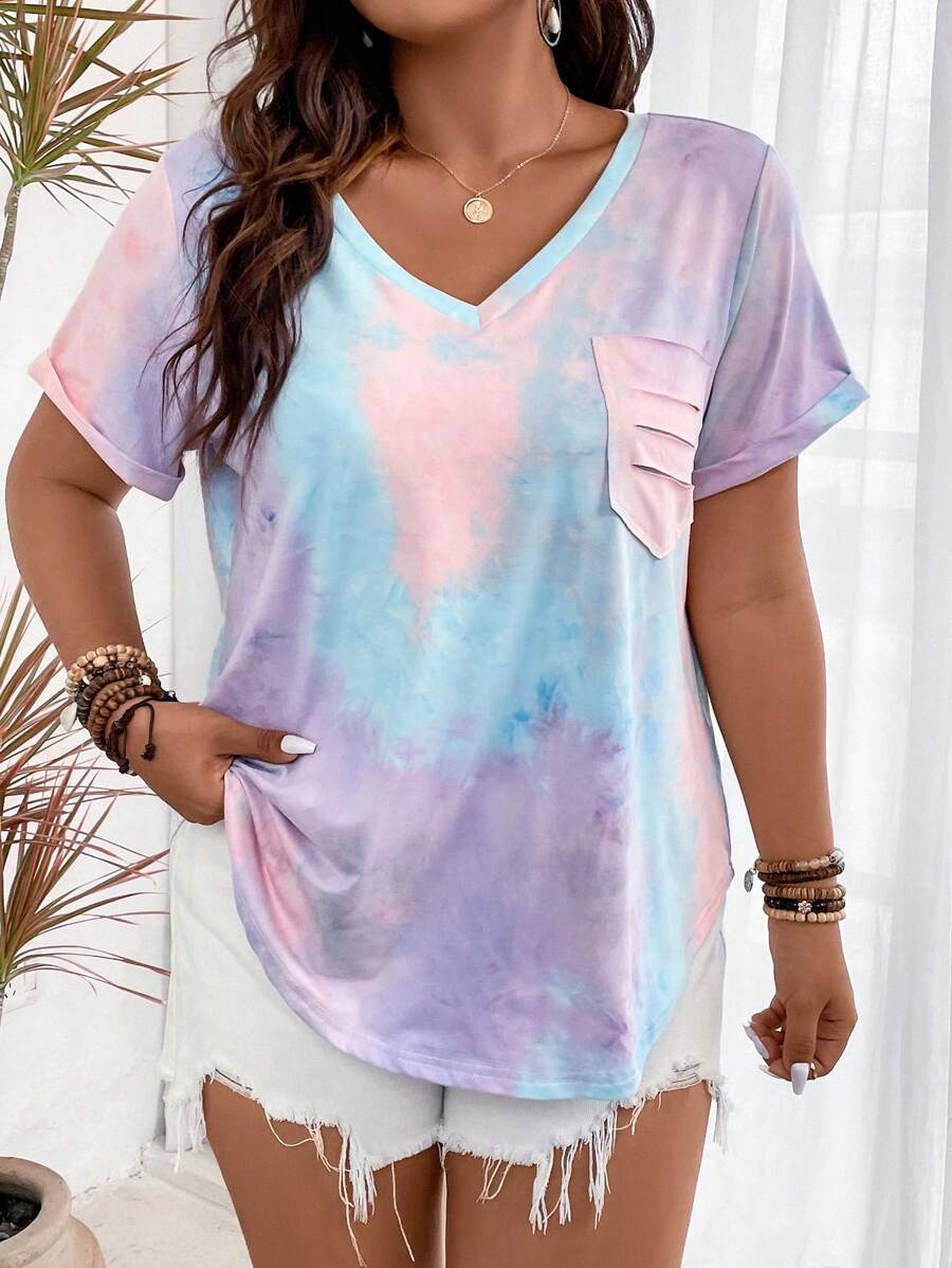 Calvaya Plus Tie Dye Cutout Pocket Patched Tee, Women Summer Top - Multicolor - View 1