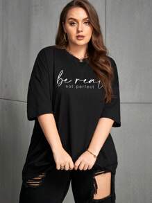 INAWLY Plus Slogan Graphic Drop Shoulder Tee, Be Real Not Perfect Graphic Tee, Women Summer Top - Black - View 4