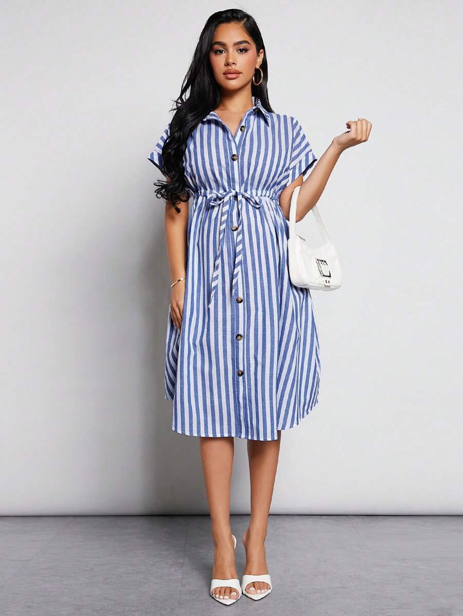 MaterniWear Maternity Striped Print Drawstring Waist Shirt Dress - Blue and White - View 1