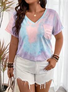 Calvaya Plus Tie Dye Cutout Pocket Patched Tee, Women Summer Top - Multicolor - View 5