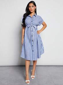 MaterniWear Maternity Striped Print Drawstring Waist Shirt Dress - Blue and White - View 4