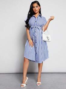 MaterniWear Maternity Striped Print Drawstring Waist Shirt Dress - Blue and White - View 5