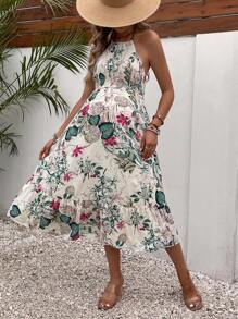 SHEIN Váy Bà bầu Lộ Lưng Viên lá sen Dải chun Buộc lại Nhiệt đới Boho - Nhiều màu - Xem 5