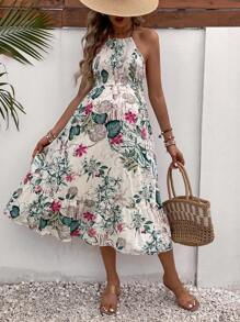 SHEIN Váy Bà bầu Lộ Lưng Viên lá sen Dải chun Buộc lại Nhiệt đới Boho - Nhiều màu - Xem 1