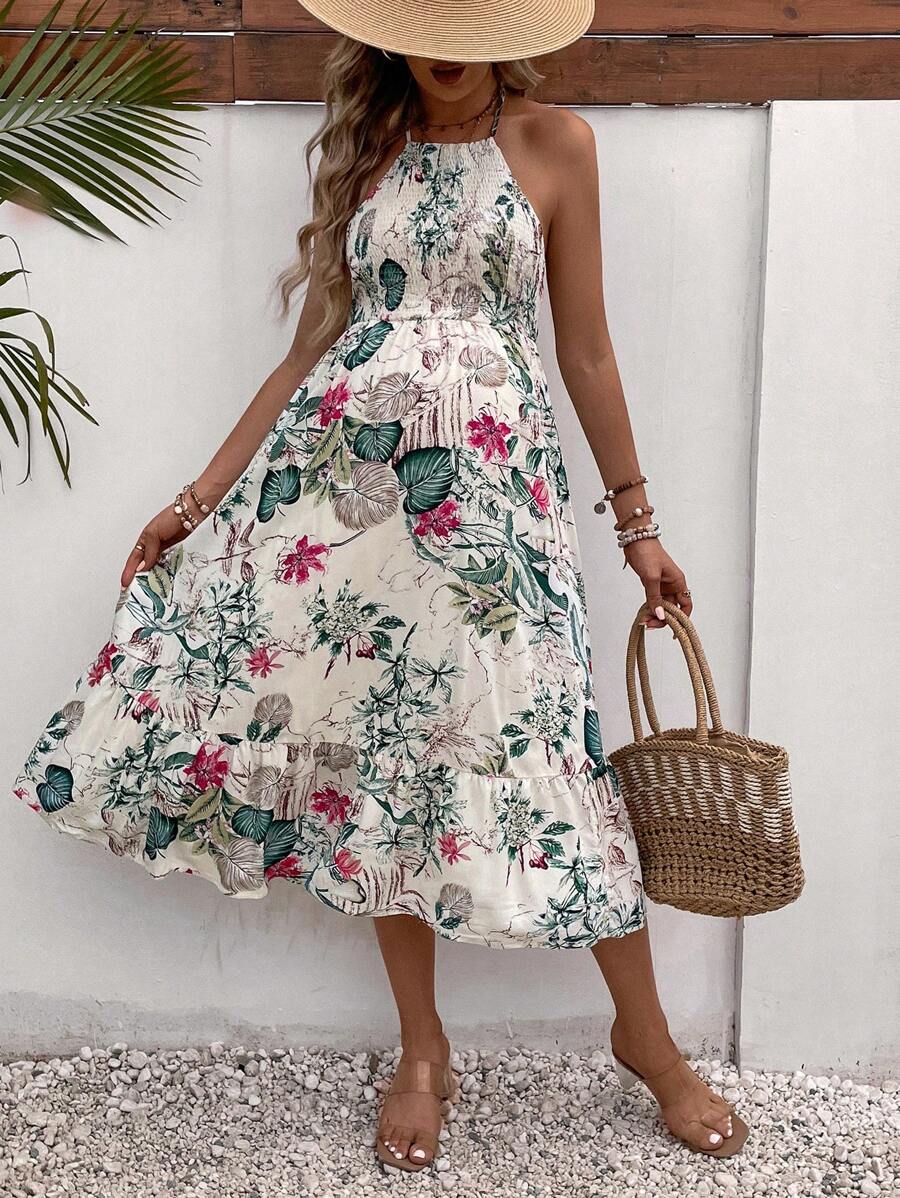 SHEIN Váy Bà bầu Lộ Lưng Viên lá sen Dải chun Buộc lại Nhiệt đới Boho - Nhiều màu - Xem 1