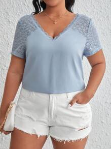 SHEIN Frenchy Plus Contrast Lace Blouse - Baby Blue - View 2