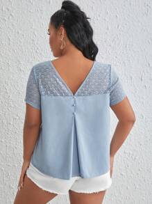 SHEIN Frenchy Plus Contrast Lace Blouse - Baby Blue - View 1