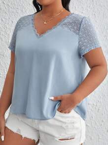SHEIN Frenchy Plus Contrast Lace Blouse - Baby Blue - View 3