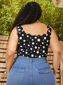 SHEIN CURVE+ Plus Polka Dot Print Scallop Trim Tank Bodysuit - Black and White - View 4
