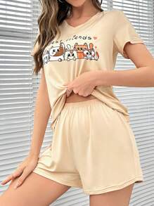 AKIKODRAWS Cartoon & Letter Graphic Tee & Shorts PJ Set