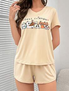AKIKODRAWS Cartoon & Letter Graphic Tee & Shorts PJ Set