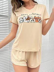 AKIKODRAWS Cartoon & Letter Graphic Tee & Shorts PJ Set