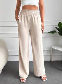 RueChic Solid Slant Pocket Wide Leg Trousers - Apricot - View 1