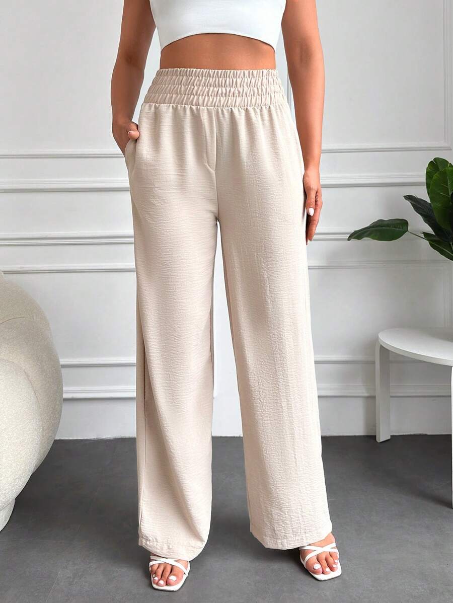 RueChic Solid Slant Pocket Wide Leg Trousers - Apricot - View 1