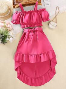SHEIN Explorewe Tween Girl Cold Shoulder Ruffle Trim Top & High Low Hem Skirt - Hot Pink - View 1