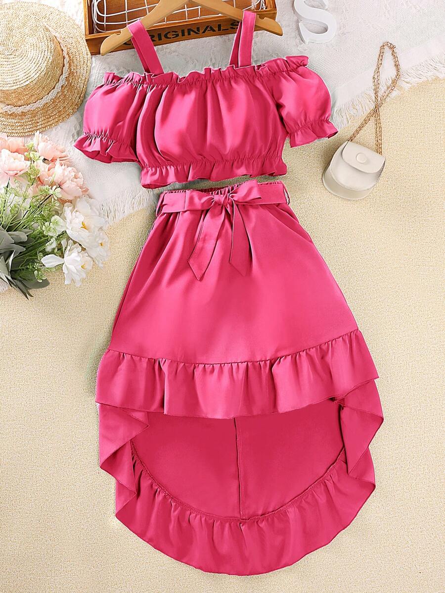 SHEIN Explorewe Tween Girl Cold Shoulder Ruffle Trim Top & High Low Hem Skirt - Hot Pink - View 1