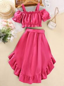 SHEIN Explorewe Tween Girl Cold Shoulder Ruffle Trim Top & High Low Hem Skirt - Hot Pink - View 2