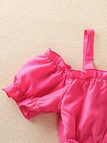 SHEIN Explorewe Tween Girl Cold Shoulder Ruffle Trim Top & High Low Hem Skirt - Hot Pink - View 3