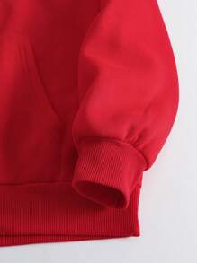 SHEIN EZwear 字母圖案袋鼠口袋抽繩加絨內裏連帽衫 - 紅色 - 查看 5