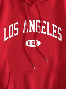 SHEIN EZwear 字母圖案袋鼠口袋抽繩加絨內裏連帽衫 - 紅色 - 查看 6