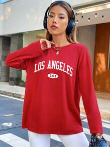 SHEIN EZwear Letter Graphic Drop Shoulder Tee - Red - View 3