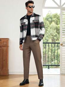 GENTILAND 1 件男式宽松格子印花翻盖细节大衣 - 彩色 - 查看 6