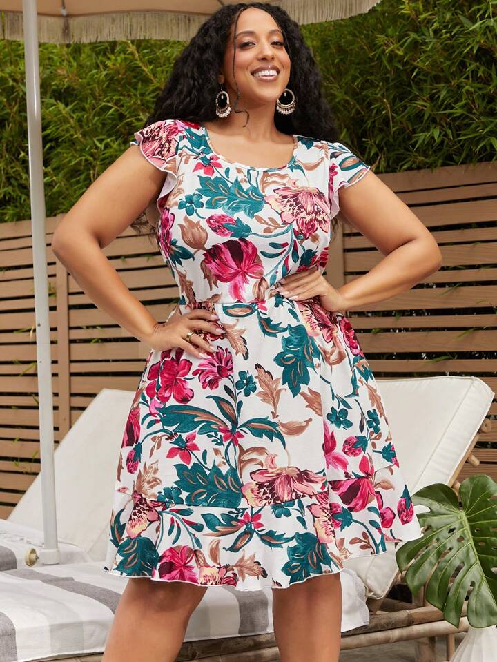 SHEIN CURVE+ Plus Floral Print Ruffle Trim Dress | SHEIN
