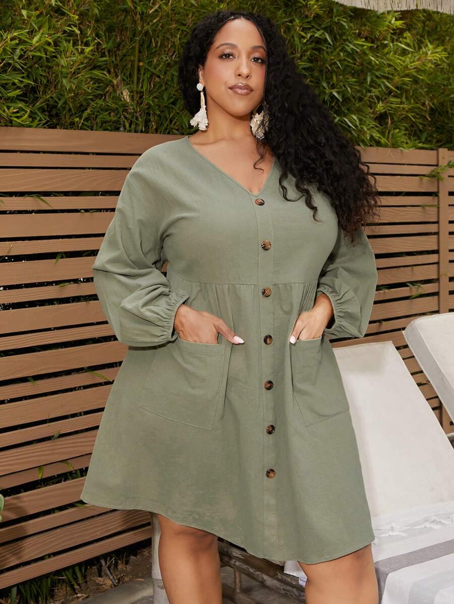SHEIN CURVE+ Talla grande Vestido con botón delantero de manga farol - Verde militar - Ver 1