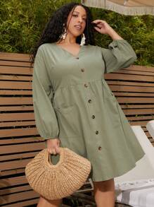SHEIN CURVE+ Talla grande Vestido con botón delantero de manga farol - Verde militar - Ver 4
