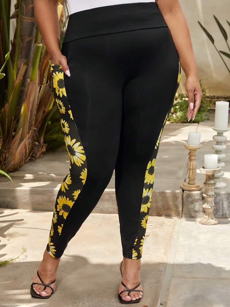 SHEIN CURVE Plus Sunflower Print Wideband Waist Leggings SHEIN USA