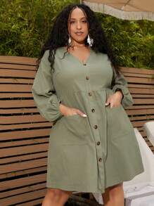 SHEIN CURVE+ Talla grande Vestido con botón delantero de manga farol - Verde militar - Ver 5