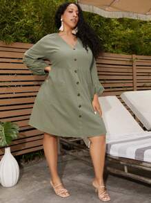 SHEIN CURVE+ Talla grande Vestido con botón delantero de manga farol - Verde militar - Ver 6
