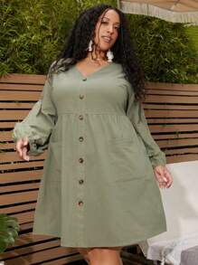 SHEIN CURVE+ Talla grande Vestido con botón delantero de manga farol - Verde militar - Ver 7