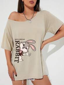 INAWLY 卡通与字母图案落肩 T 恤 图案 T 恤 女式上衣 - 卡其色 - 查看 1