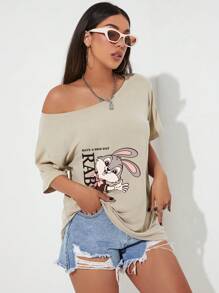 INAWLY 卡通与字母图案落肩 T 恤 图案 T 恤 女式上衣 - 卡其色 - 查看 3