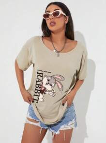 INAWLY 卡通与字母图案落肩 T 恤 图案 T 恤 女式上衣 - 卡其色 - 查看 5